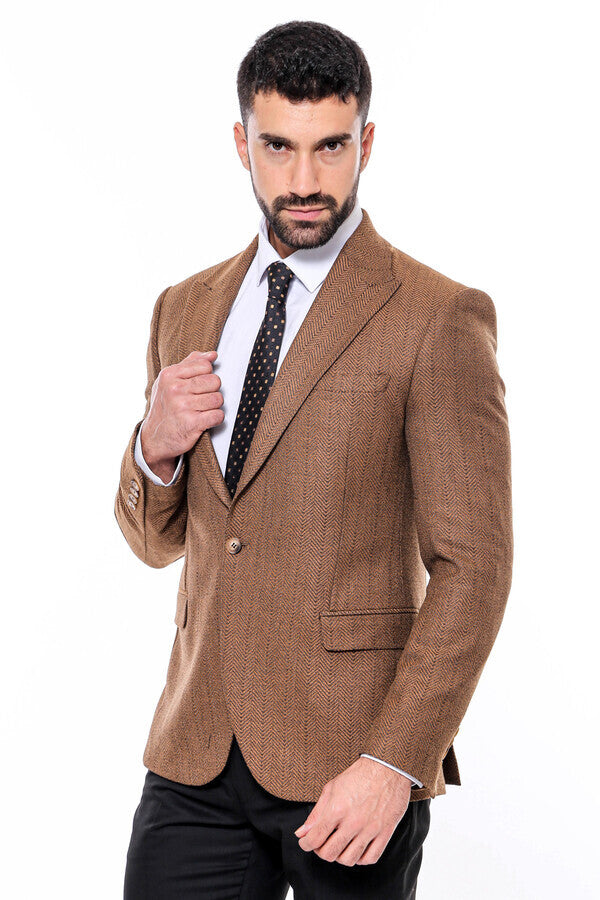 Slim Fit Patterned Light Brown Men Blazer -