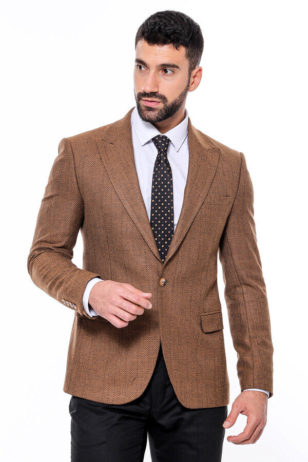 Slim Fit Patterned Light Brown Men Blazer -