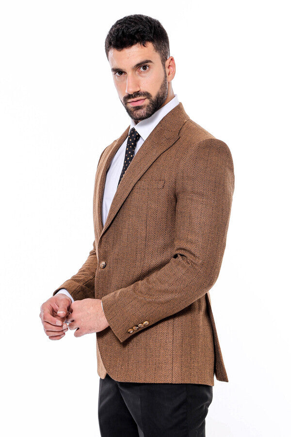 Slim Fit Patterned Light Brown Men Blazer -