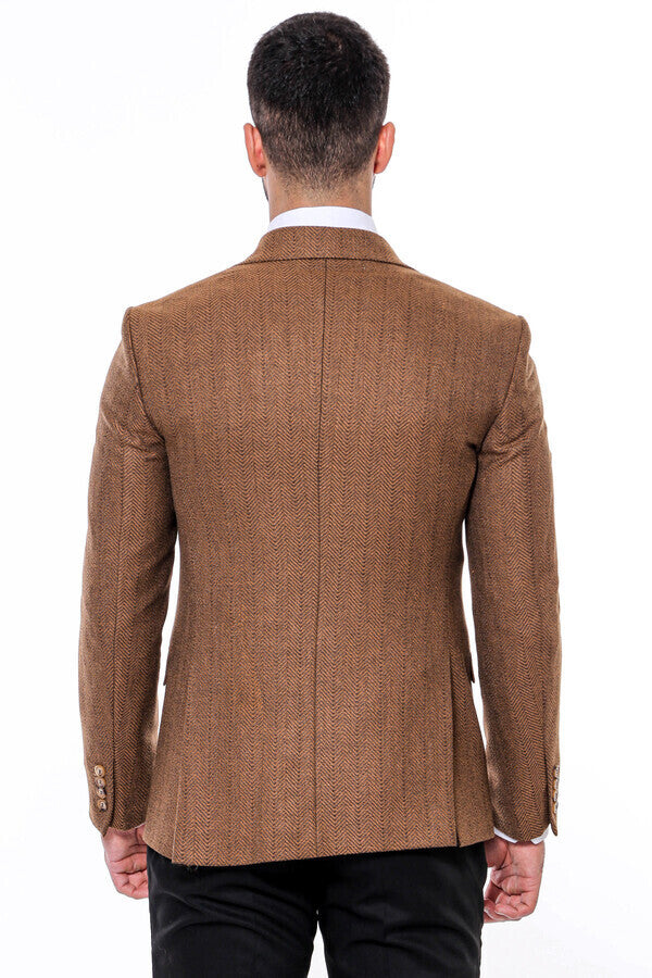 Slim Fit Patterned Light Brown Men Blazer -