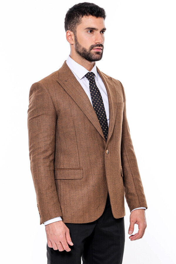 Slim Fit Patterned Light Brown Men Blazer -