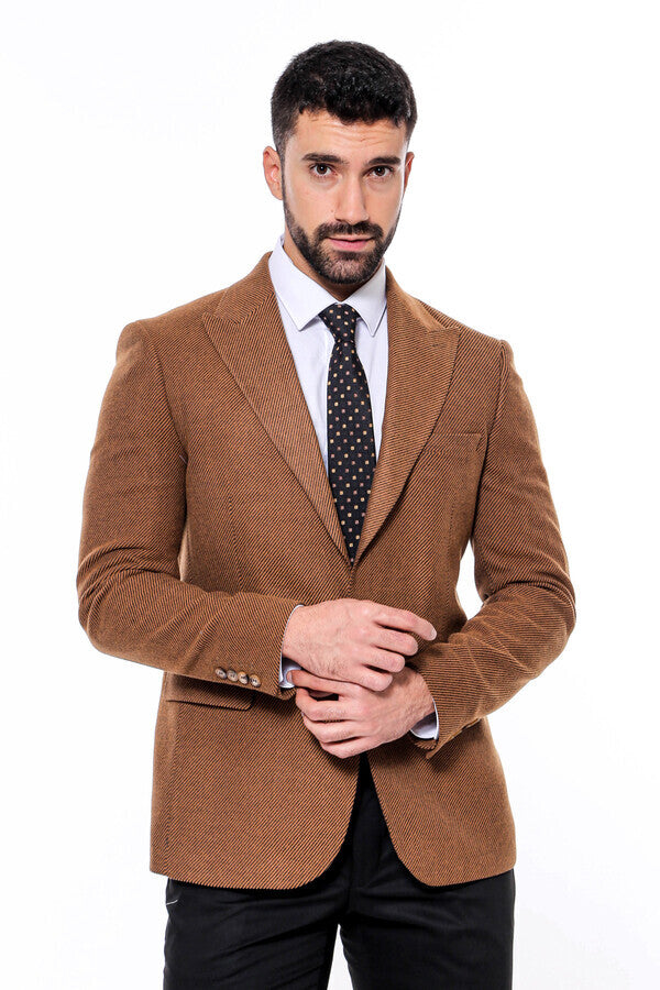 Slim Fit Patterned Tawny Men Blazer -