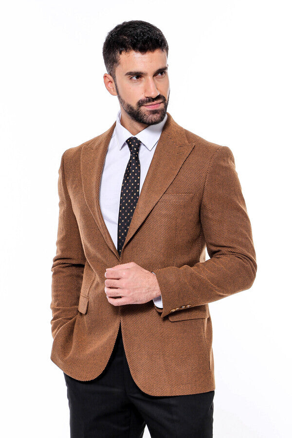 Slim Fit Patterned Tawny Men Blazer -