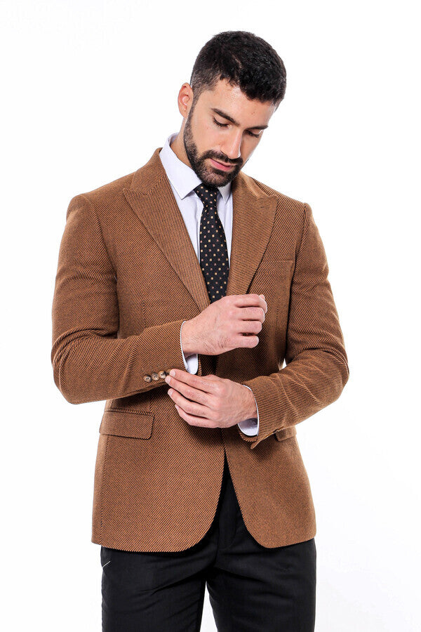 Slim Fit Patterned Tawny Men Blazer -