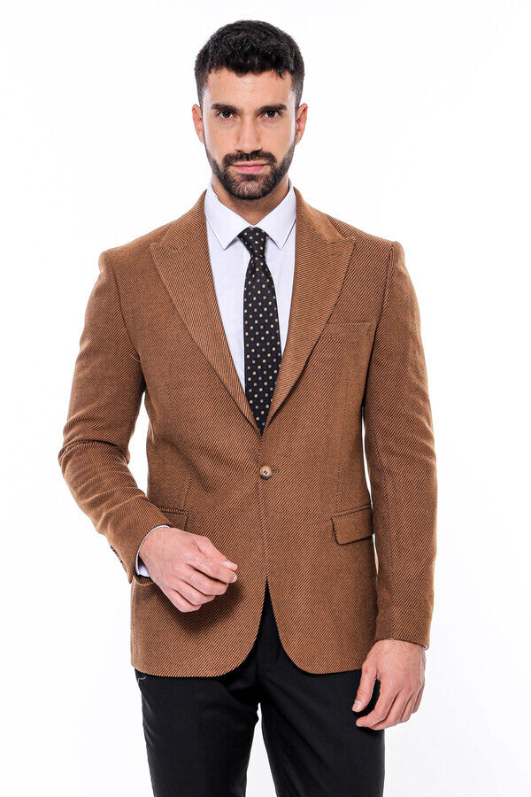 Slim Fit Patterned Tawny Men Blazer -