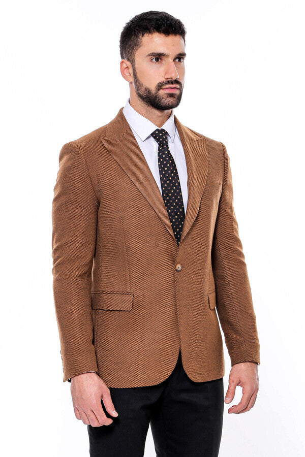 Slim Fit Patterned Tawny Men Blazer -