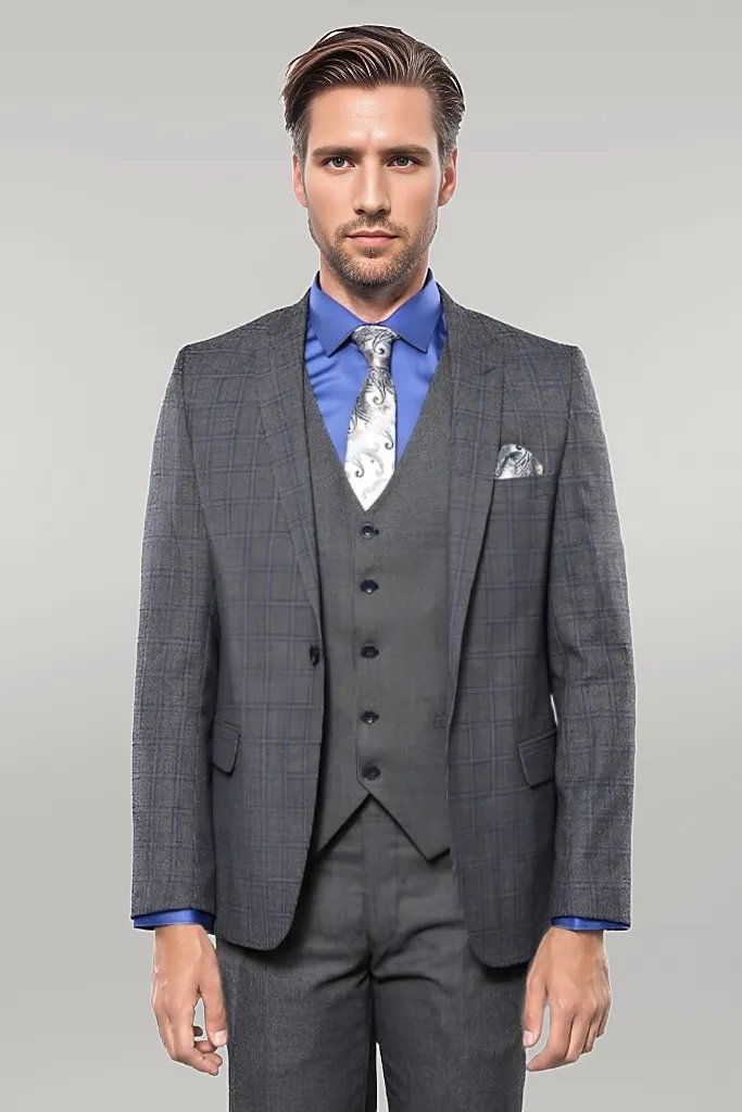 KOALA SYDNEY Plaid Slim-Fit Black 3 Piece Suit |