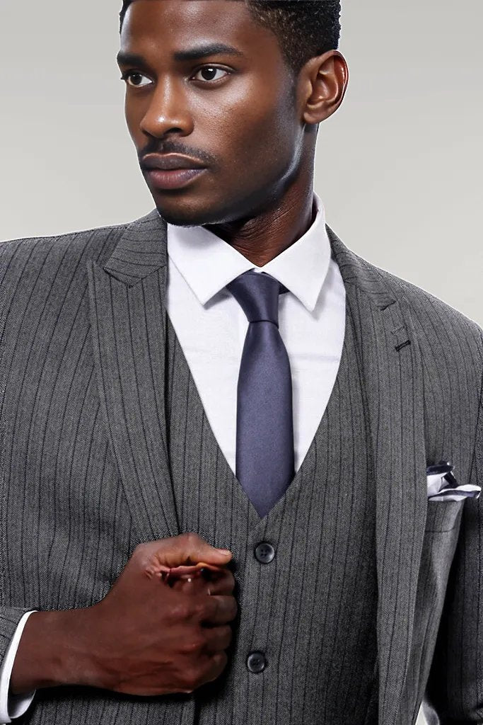 Striped Navy Blue Vested Suit -