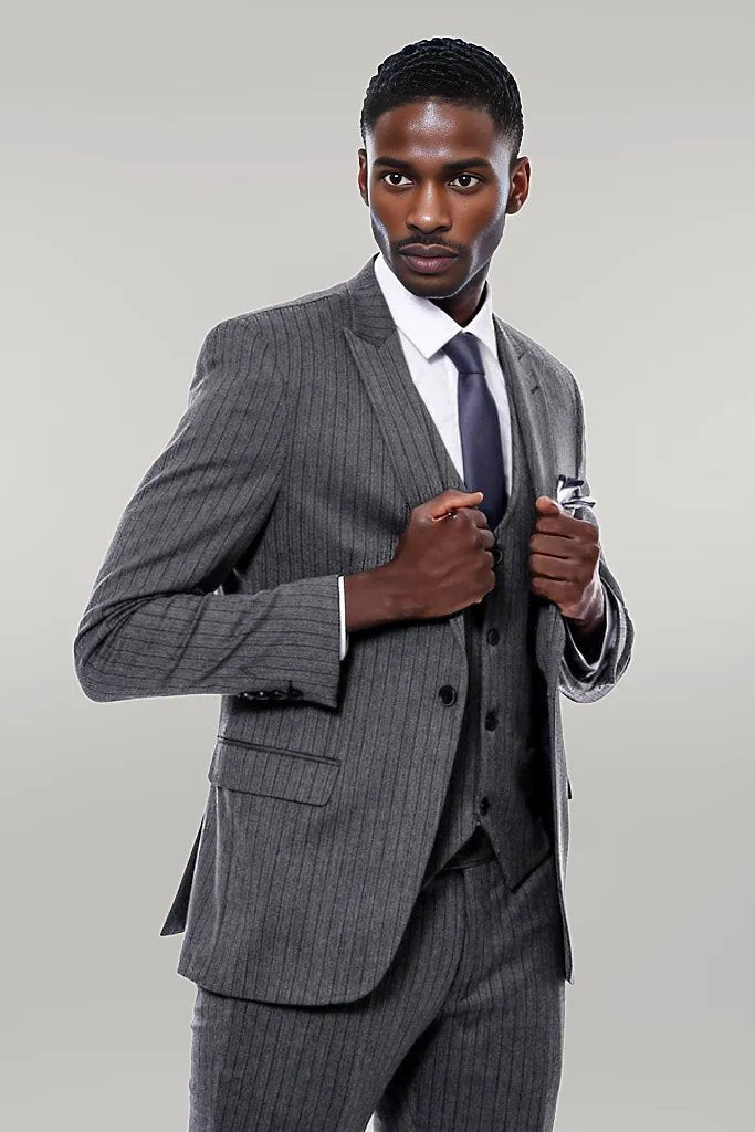 Striped Navy Blue Vested Suit -