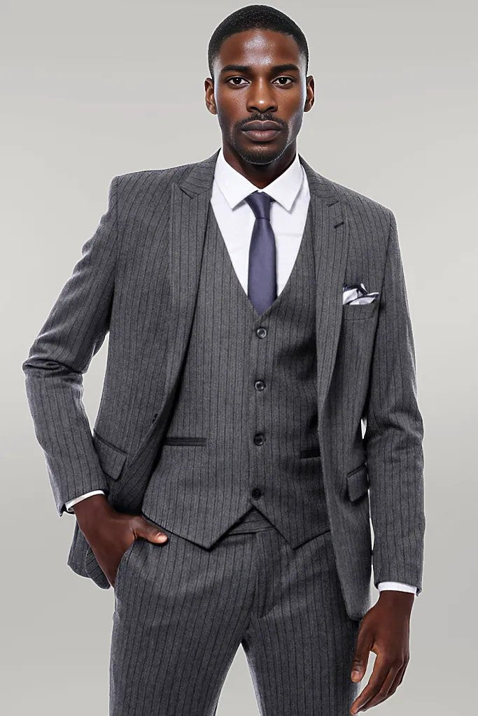 Striped Navy Blue Vested Suit -