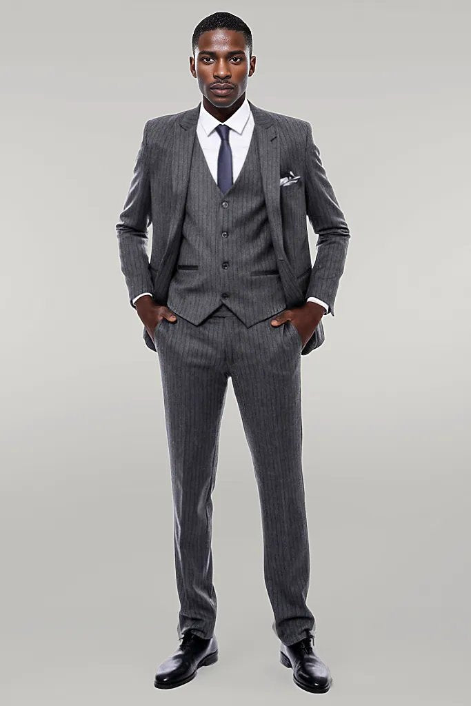 Striped Navy Blue Vested Suit -