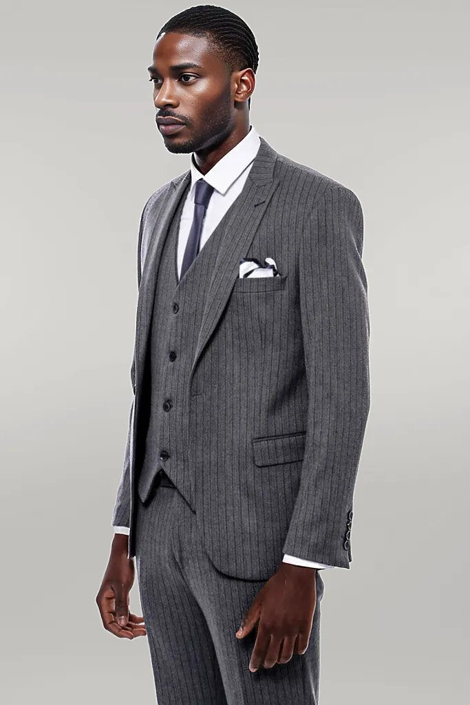 Striped Navy Blue Vested Suit -