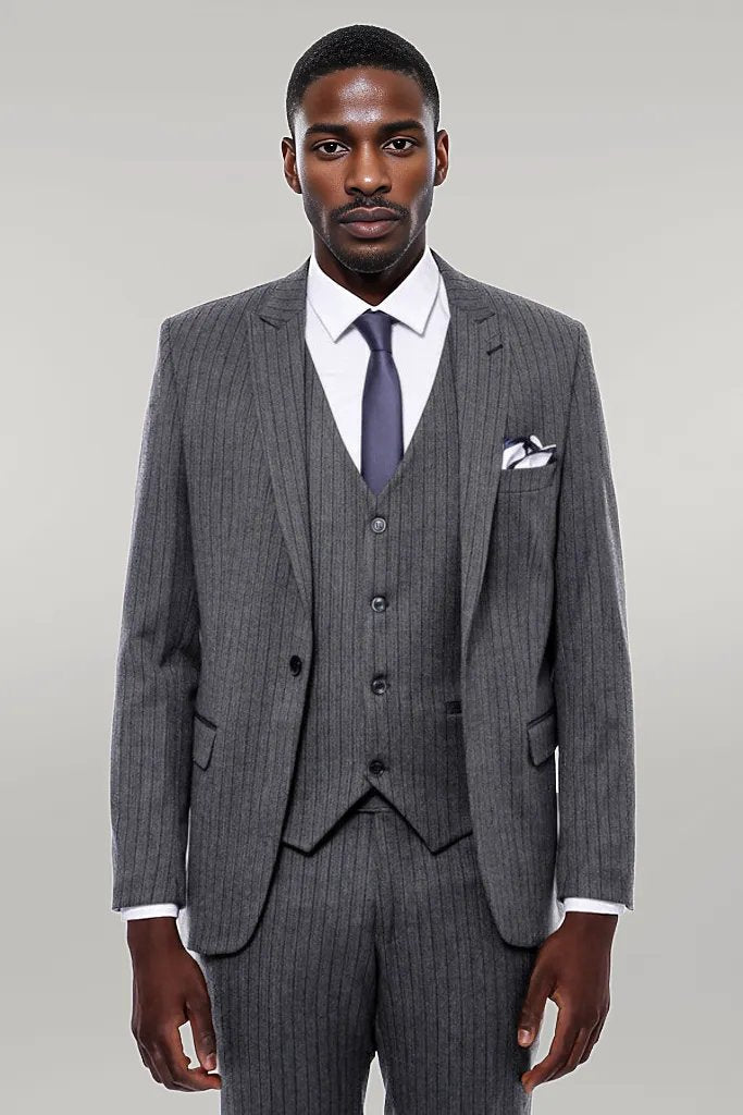 Striped Navy Blue Vested Suit -