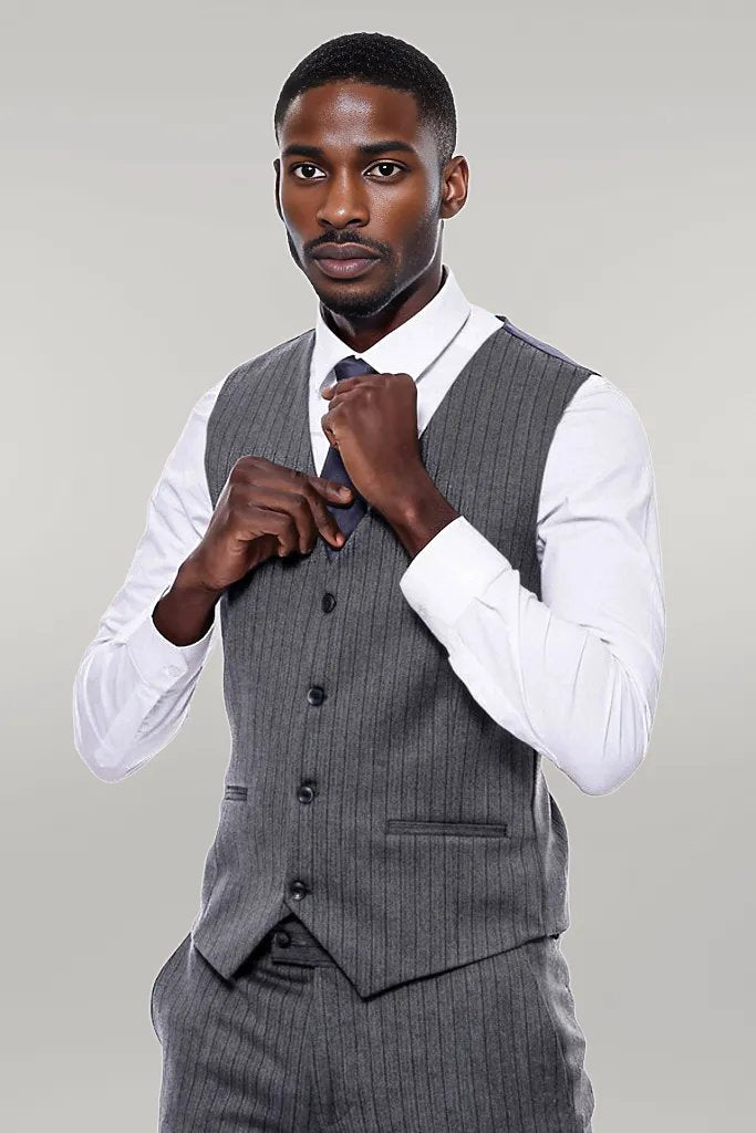 Striped Navy Blue Vested Suit -