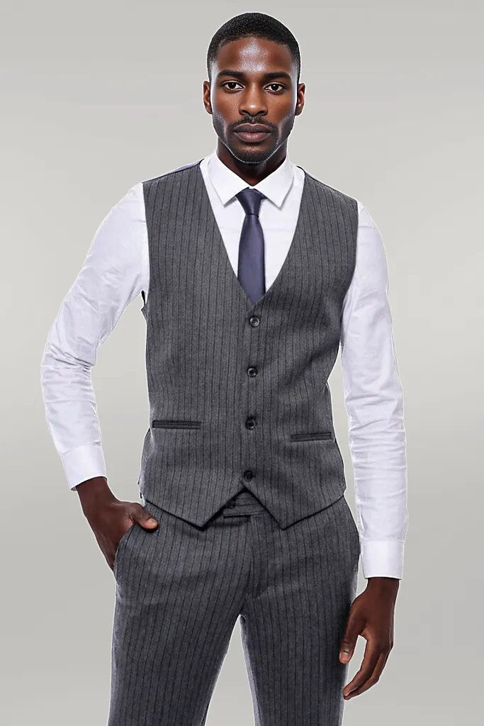 Striped Navy Blue Vested Suit -