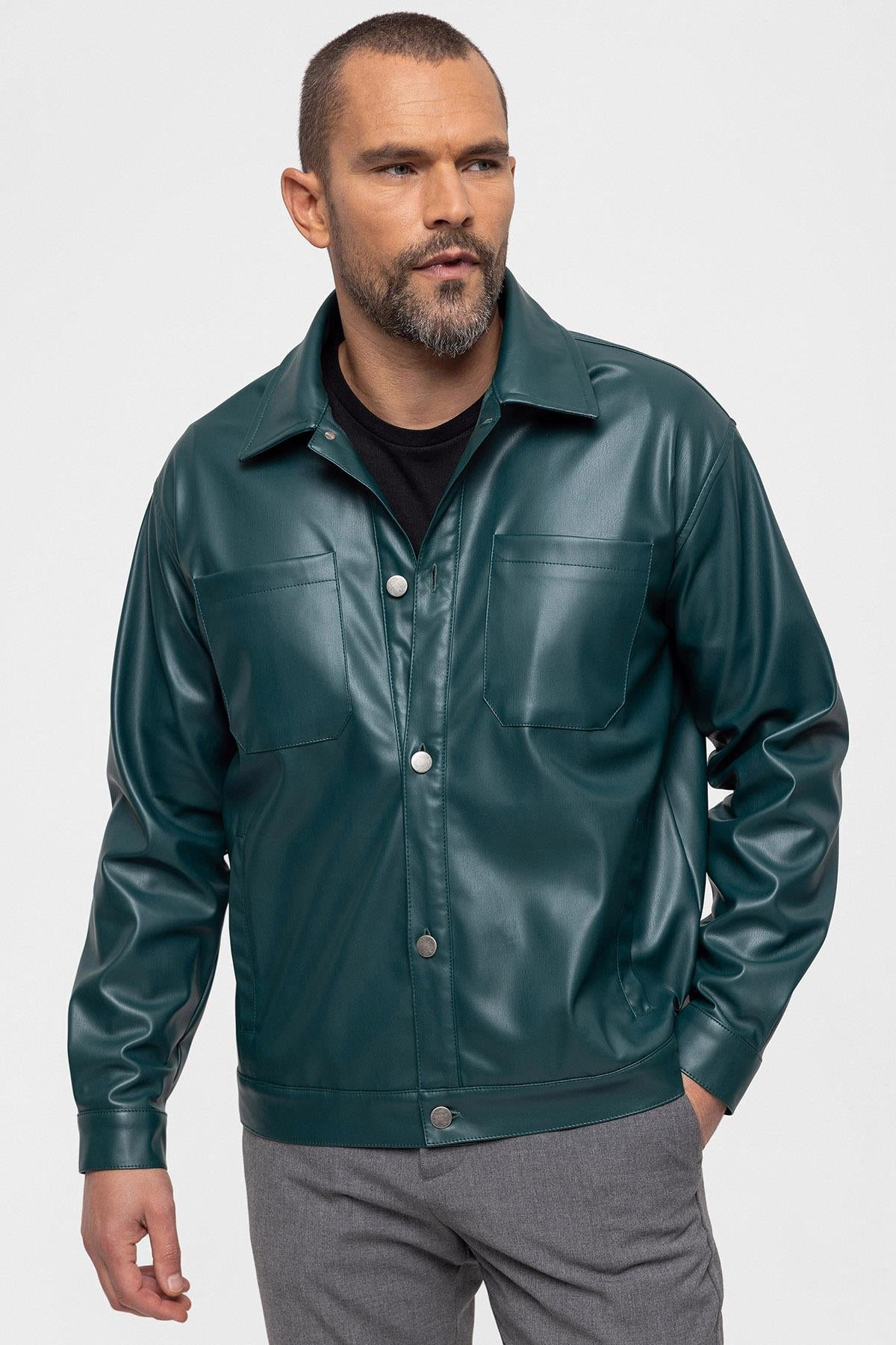 Men's Green Faux Leather Thin Coat