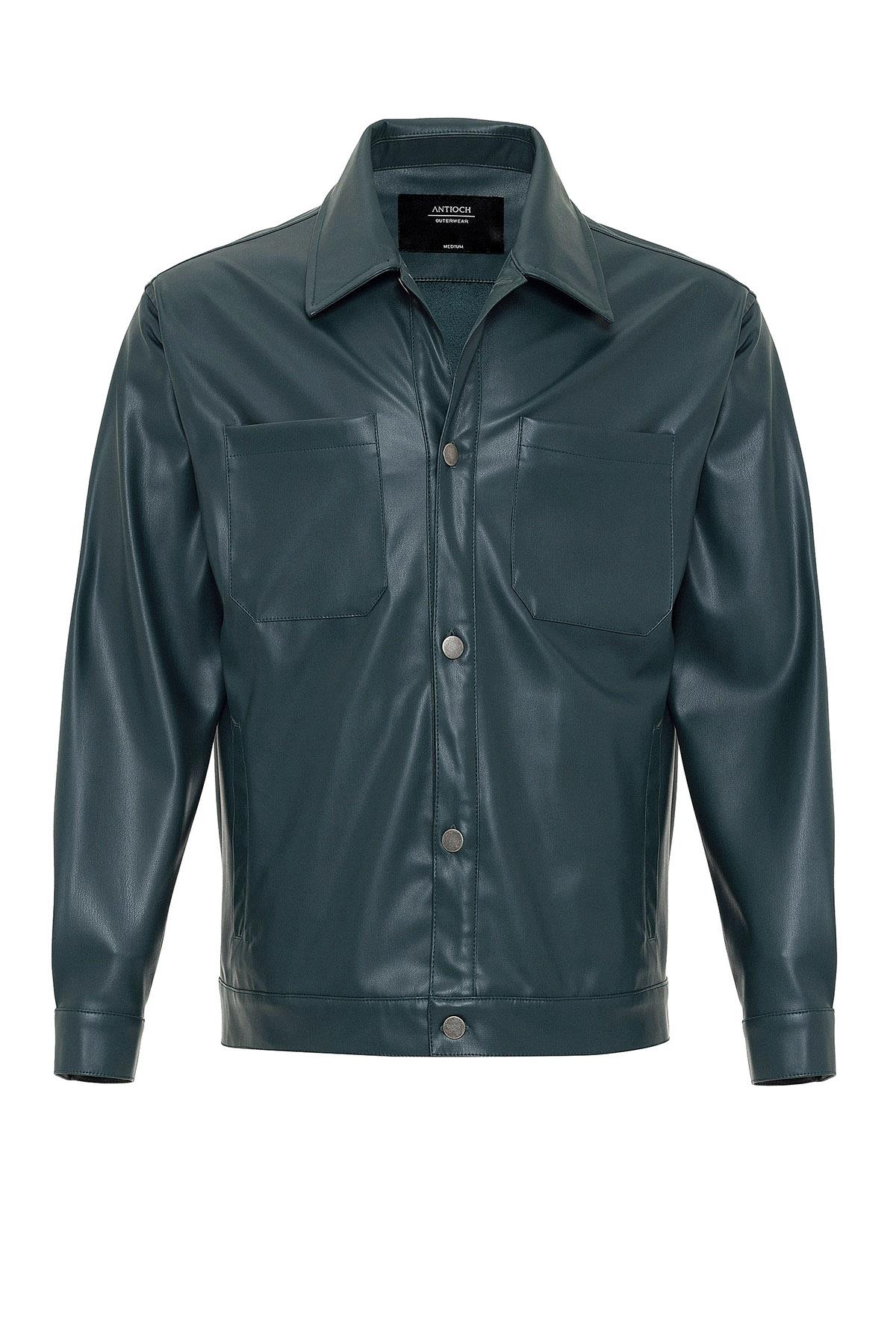 Men's Green Faux Leather Thin Coat