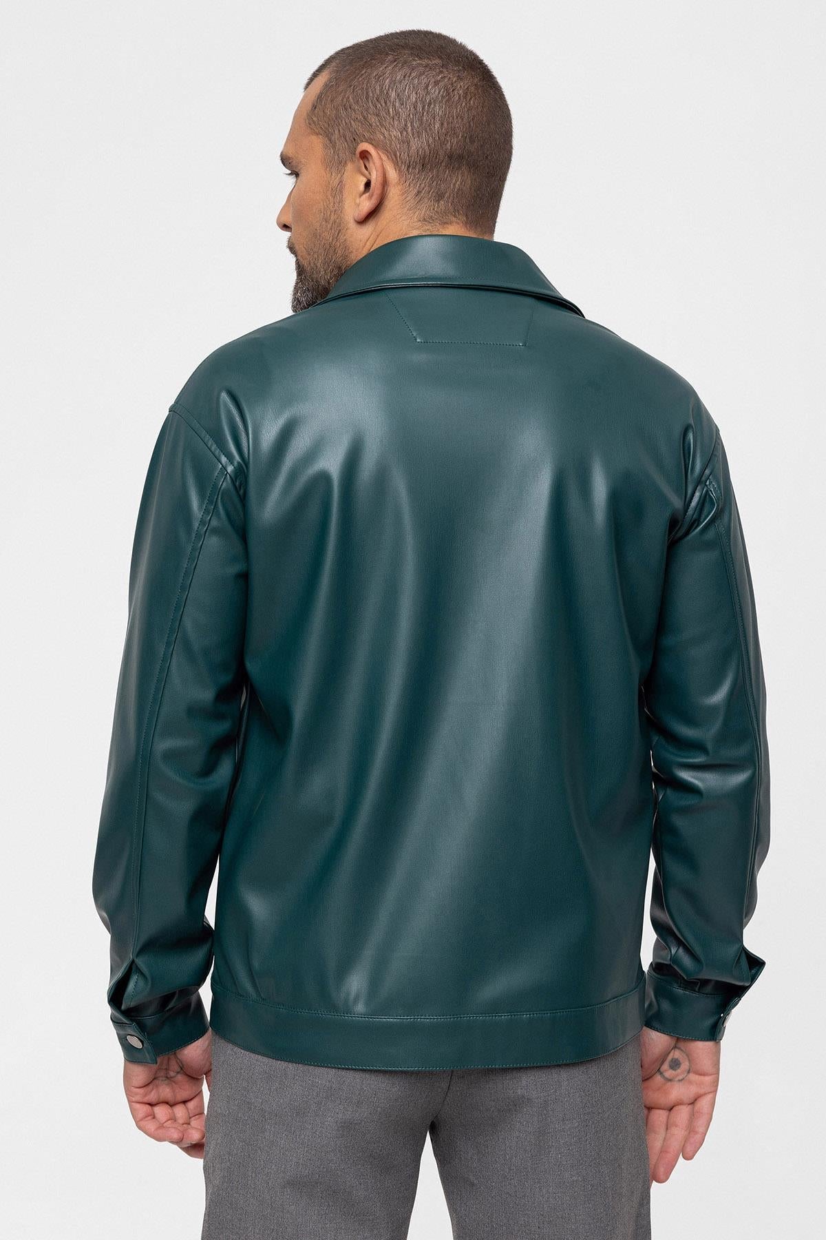 Men's Green Faux Leather Thin Coat