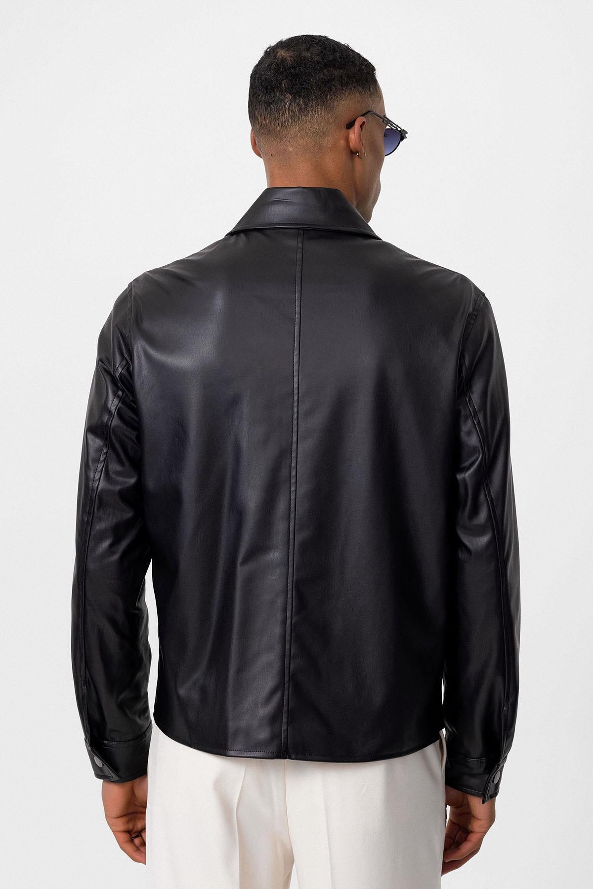 Men's Black Faux Leather Coat
