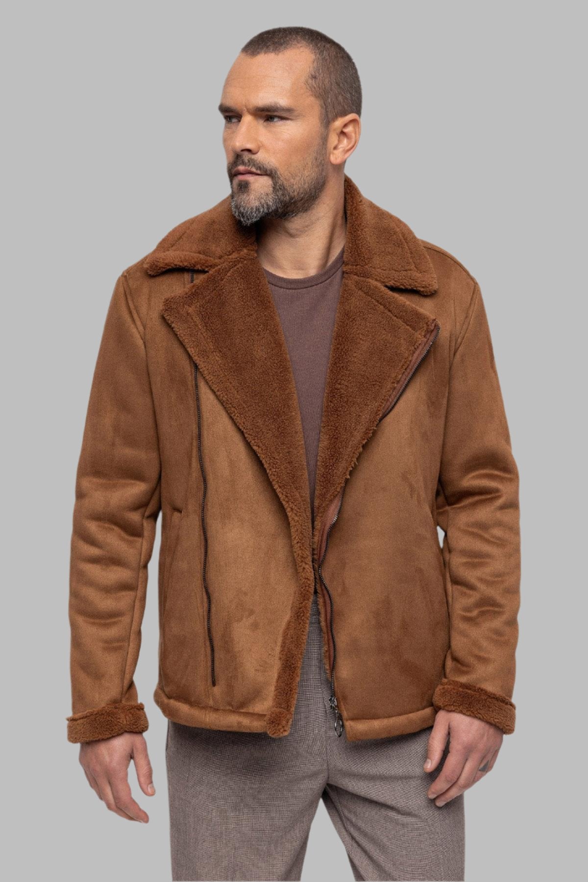 Men's Tan Faux Shearling Lined Suede Jacket