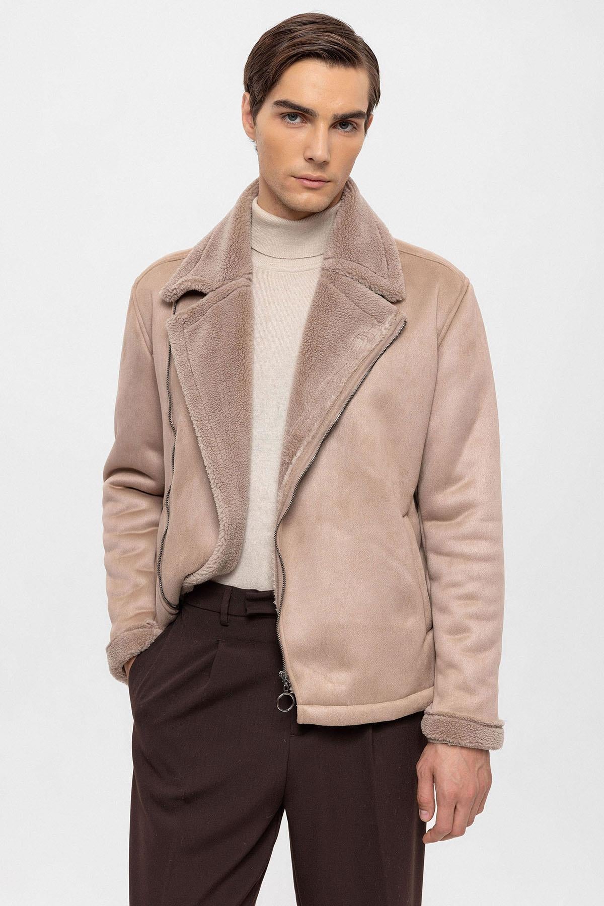 KOALA SYDNEY Men's Stone Faux Shearling Lined Suede Jacket