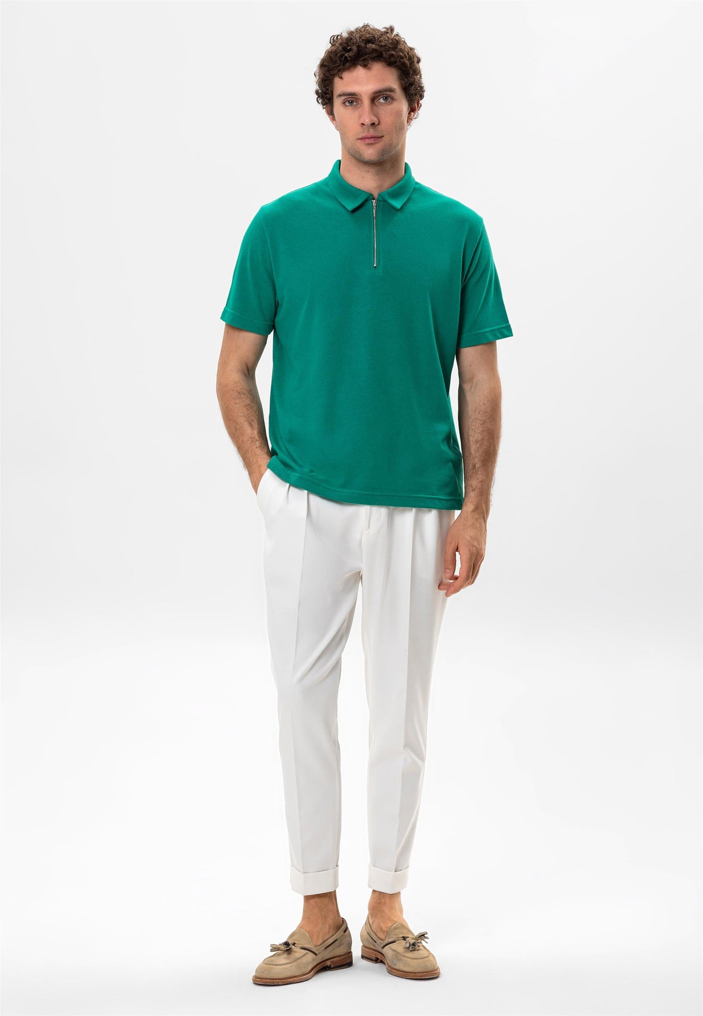 Men's Green Polo Neck Zippered T-Shirt - Wessi