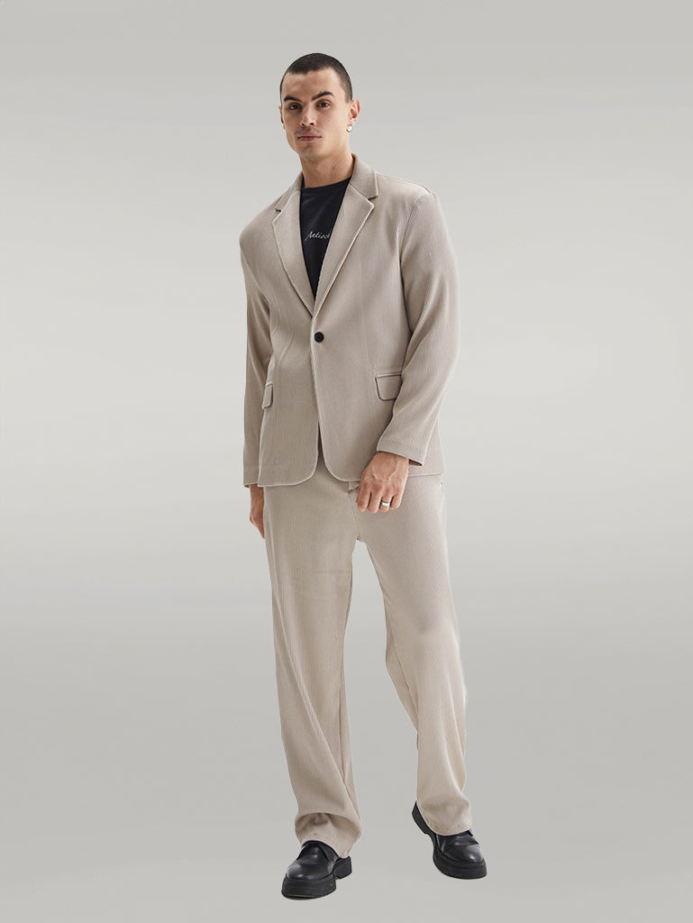 Men's Beige Ribbed Textured Oversize Suit - Wessi