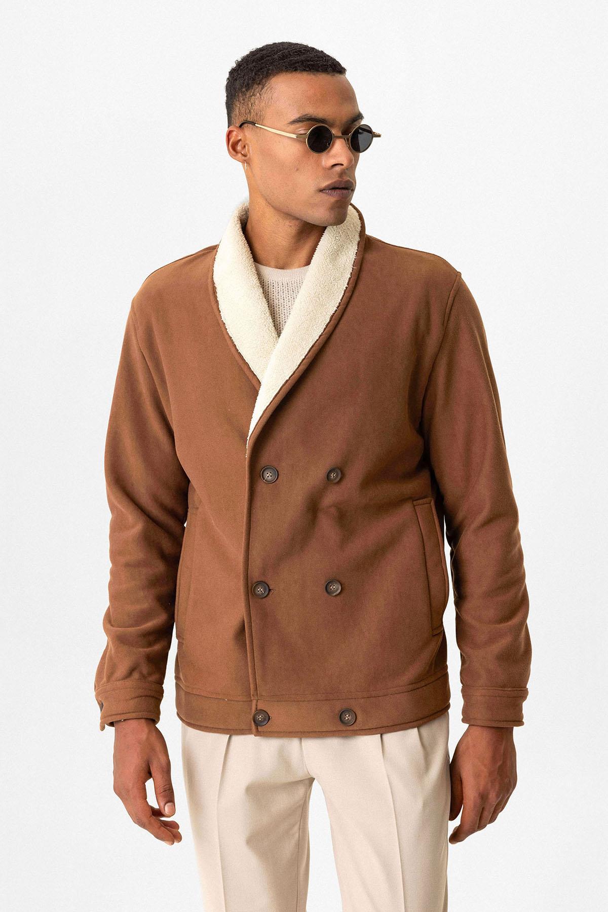 Tan Contrast Collar Men's Jacket with Lining Detail