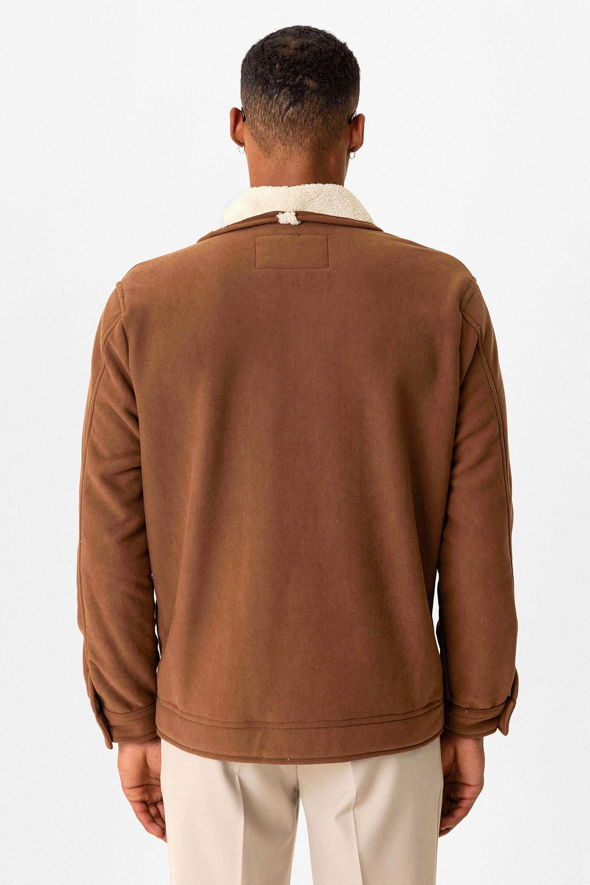 Tan Contrast Collar Men's Jacket with Lining Detail
