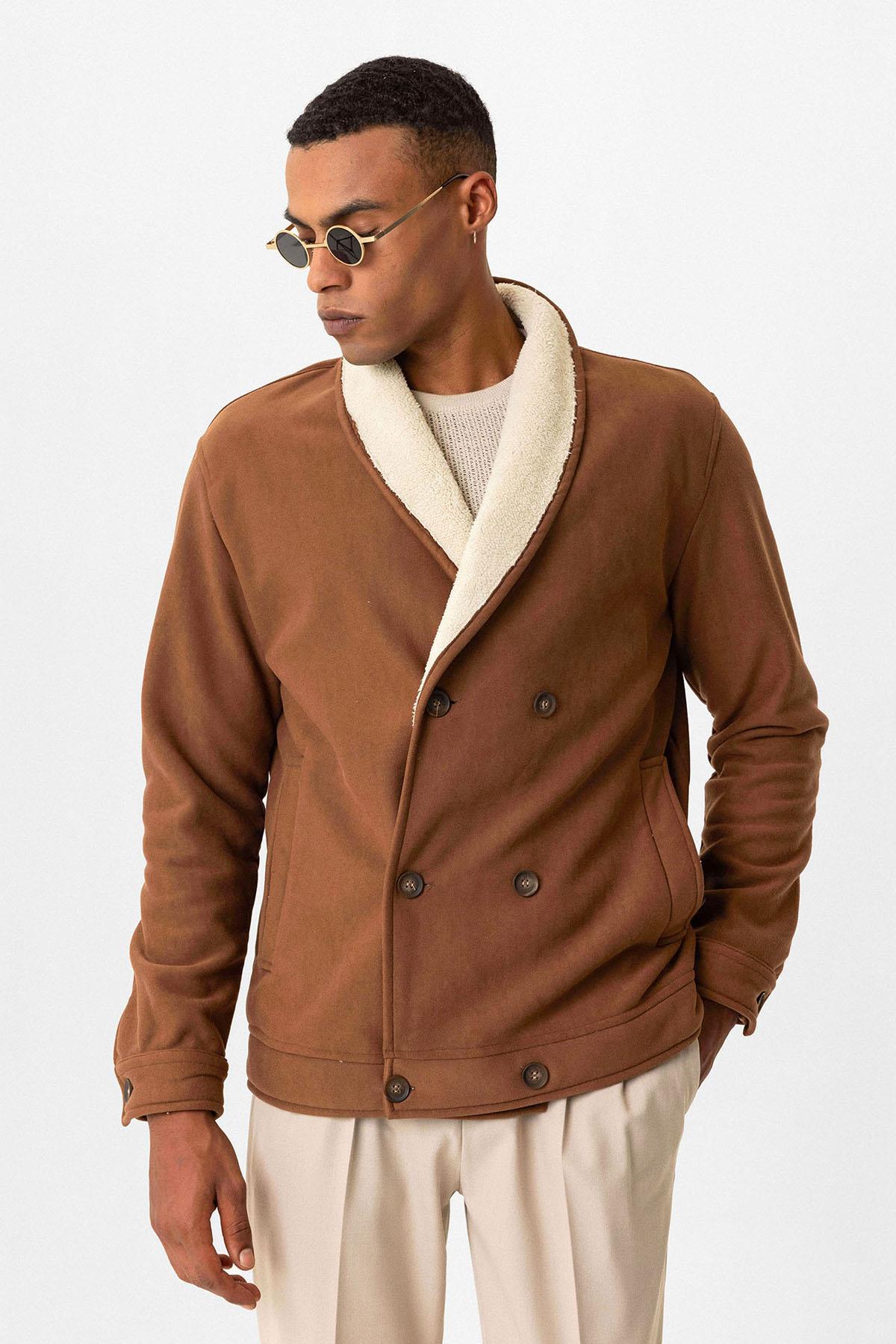 Tan Contrast Collar Men's Jacket with Lining Detail