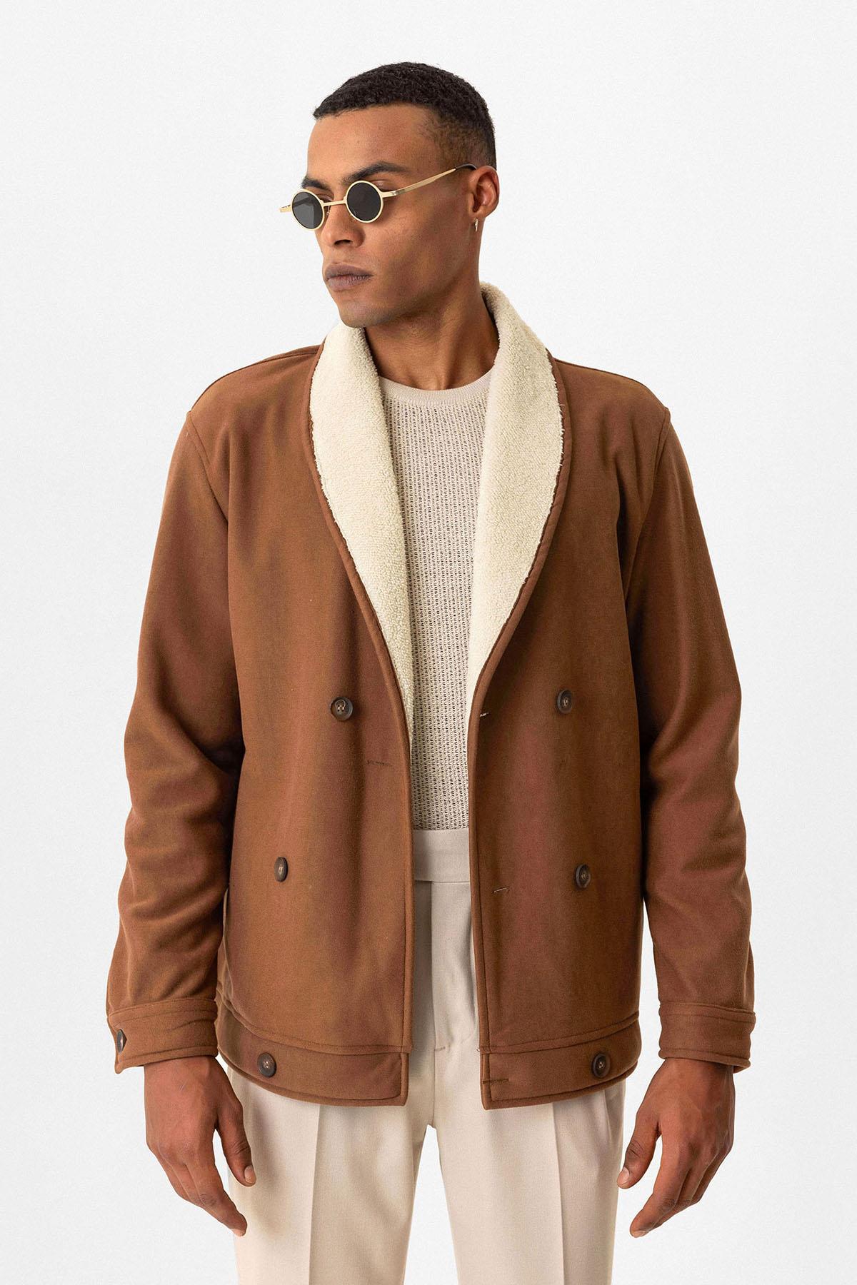 Tan Contrast Collar Men's Jacket with Lining Detail