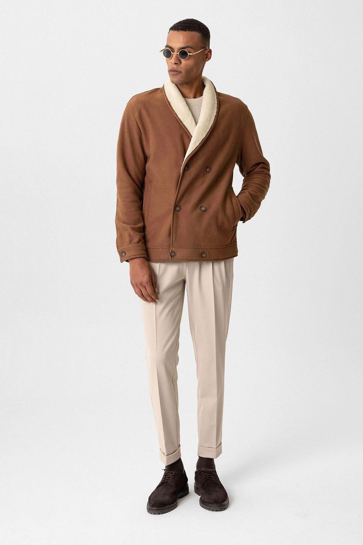 Tan Contrast Collar Men's Jacket with Lining Detail