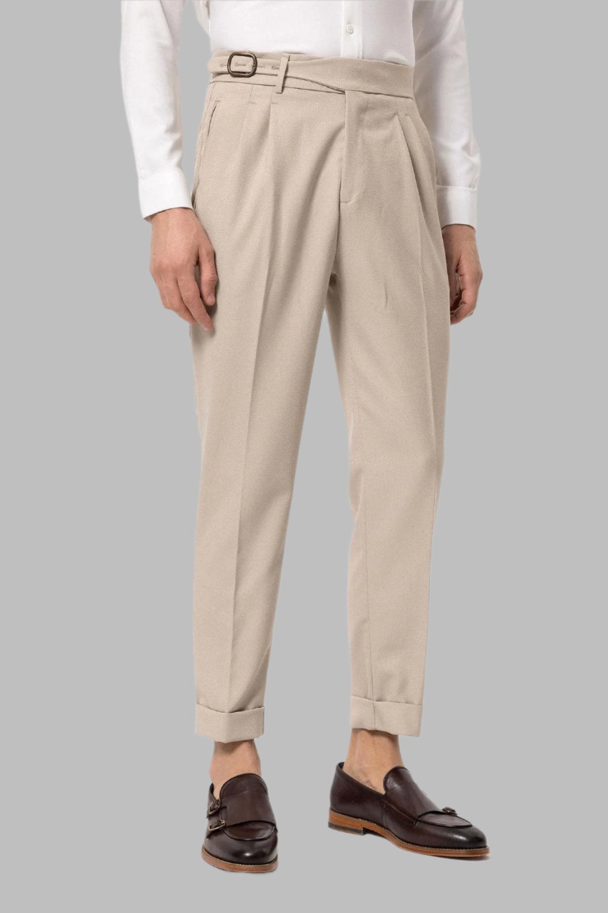 Cream High-Waisted Pleated Men's Trousers with Buckle Detail