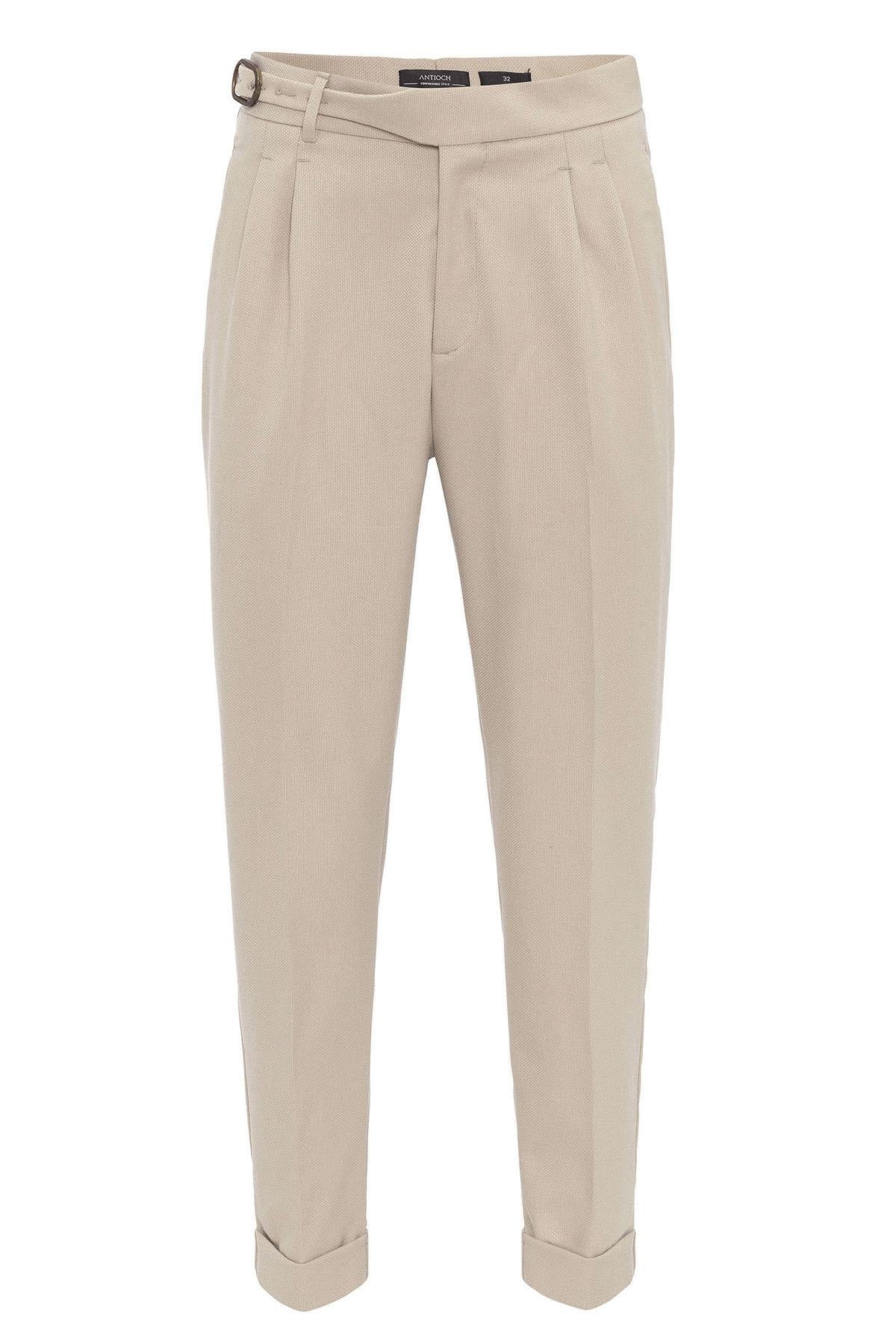 Cream High-Waisted Pleated Men's Trousers with Buckle Detail