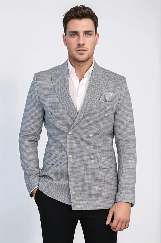 Gray Micro-Check Slim Fit Double-Breasted Blazer with Silver Metal Buttons – Wessi