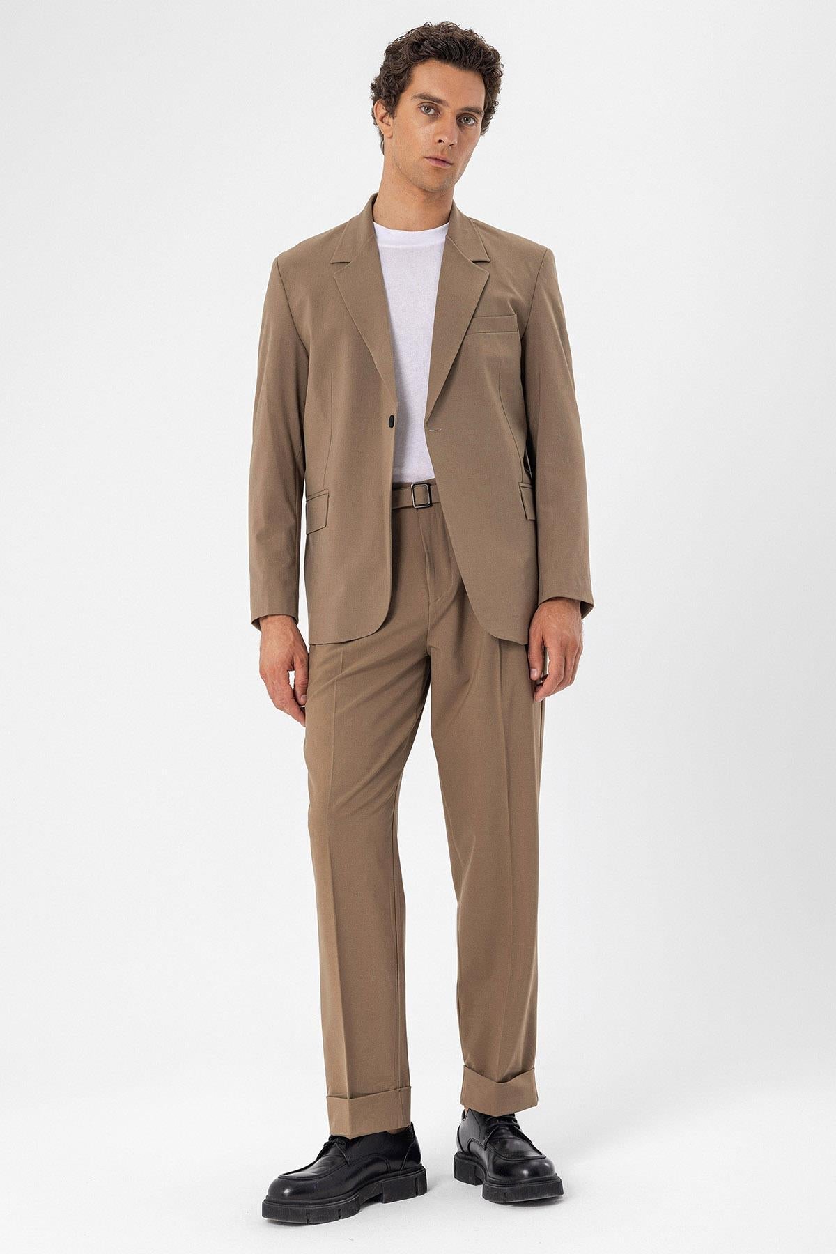 Men's Camel Single Button Closure Slim Fit Jacket