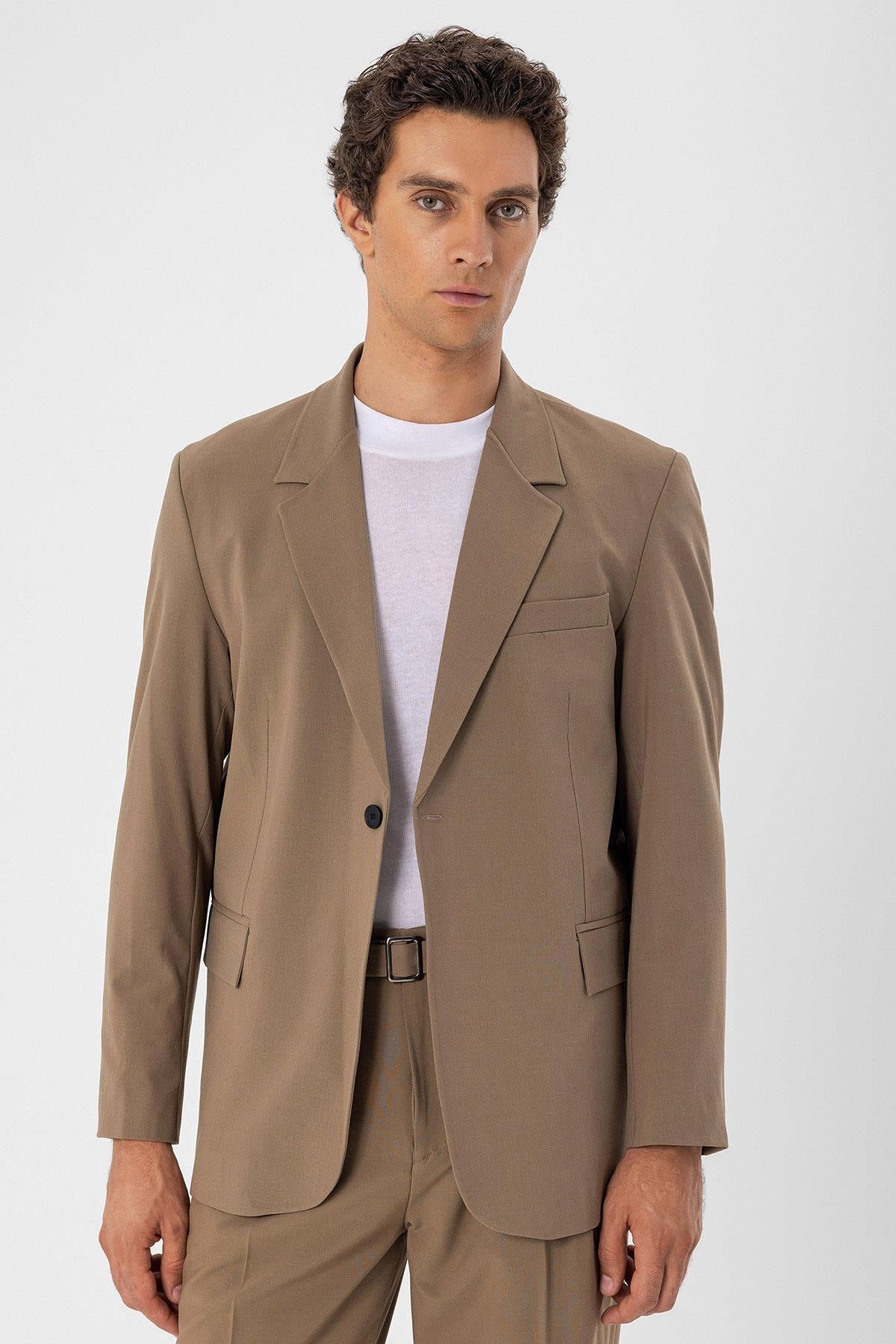 Men's Camel Single Button Closure Slim Fit Jacket
