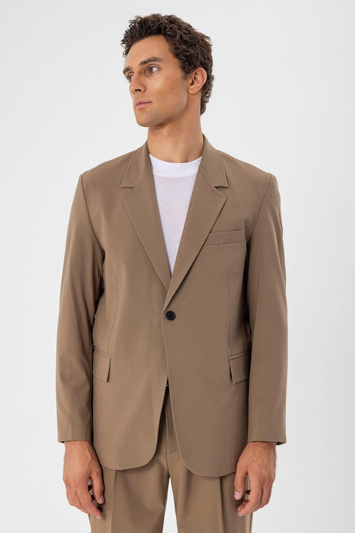 Men's Camel Single Button Closure Slim Fit Jacket