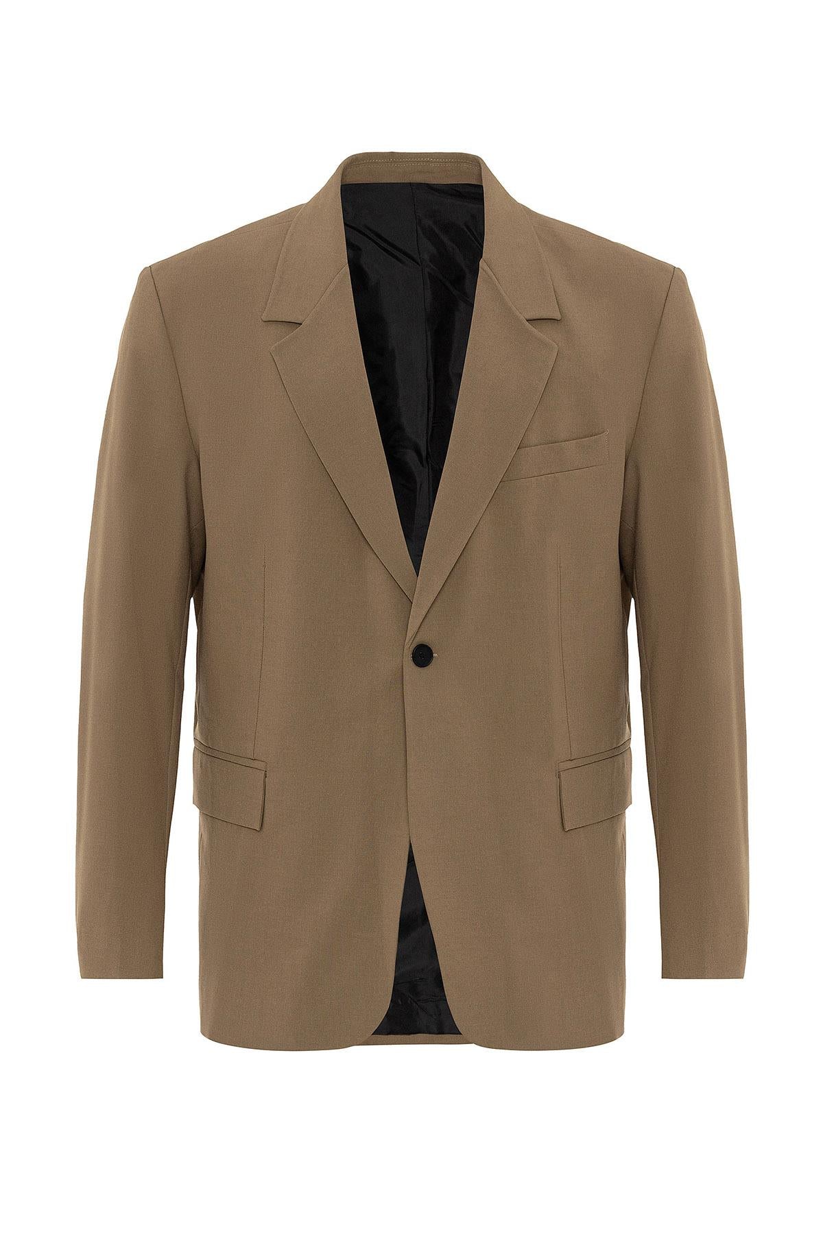 Men's Camel Single Button Closure Slim Fit Jacket