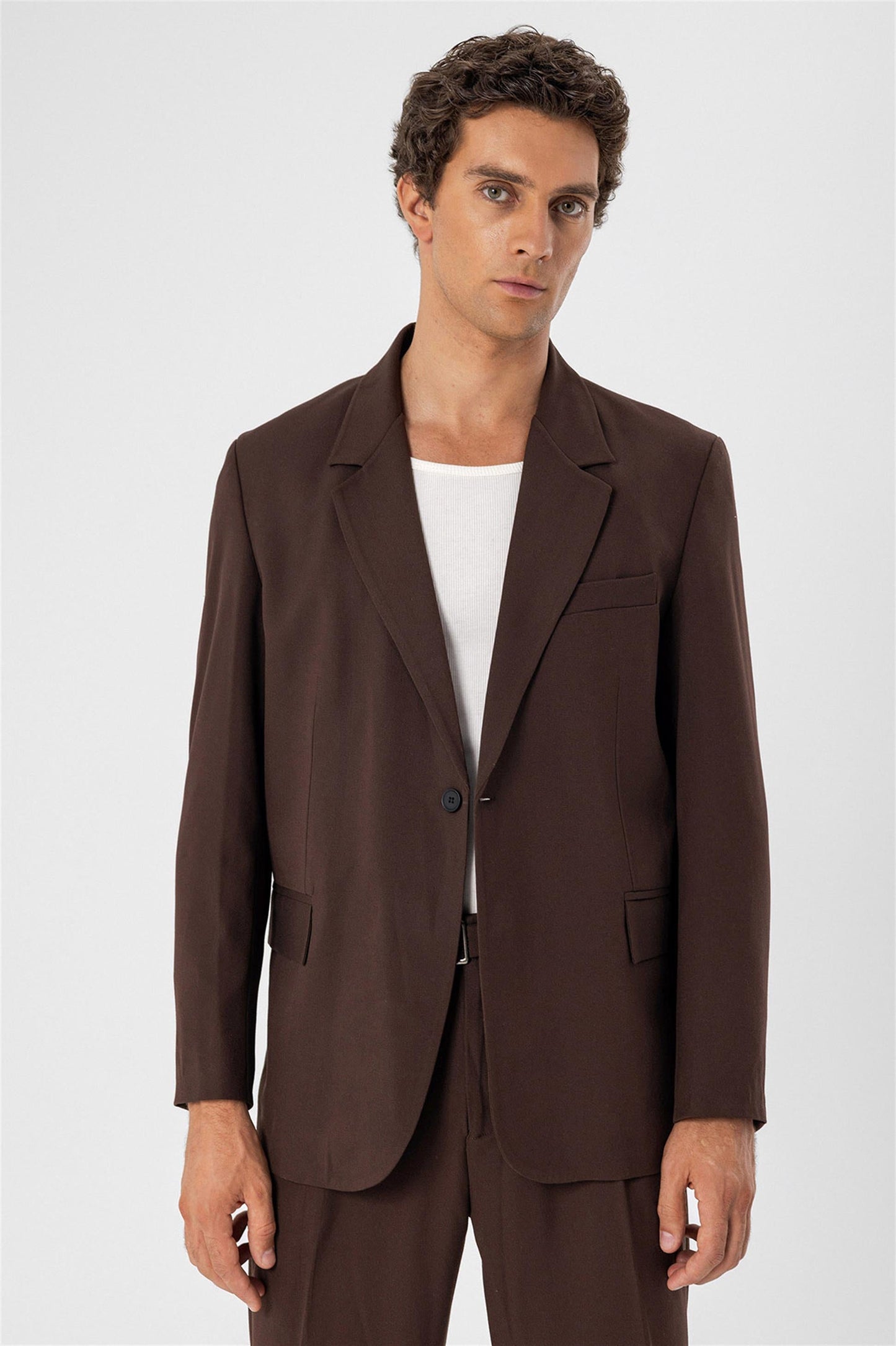 Men's Brown Single Button Closure Slim Fit Jacket