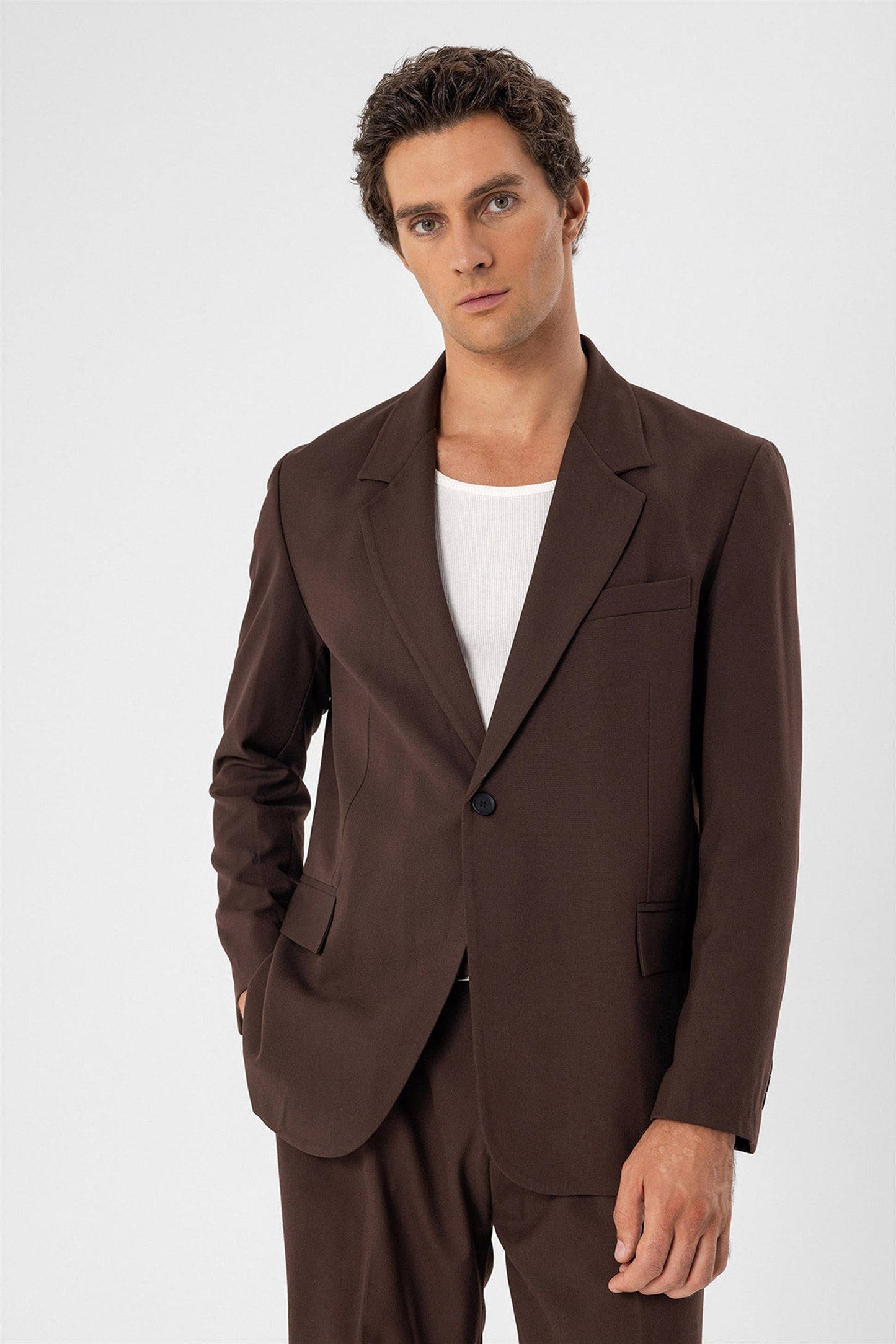 Men's Brown Single Button Closure Slim Fit Jacket