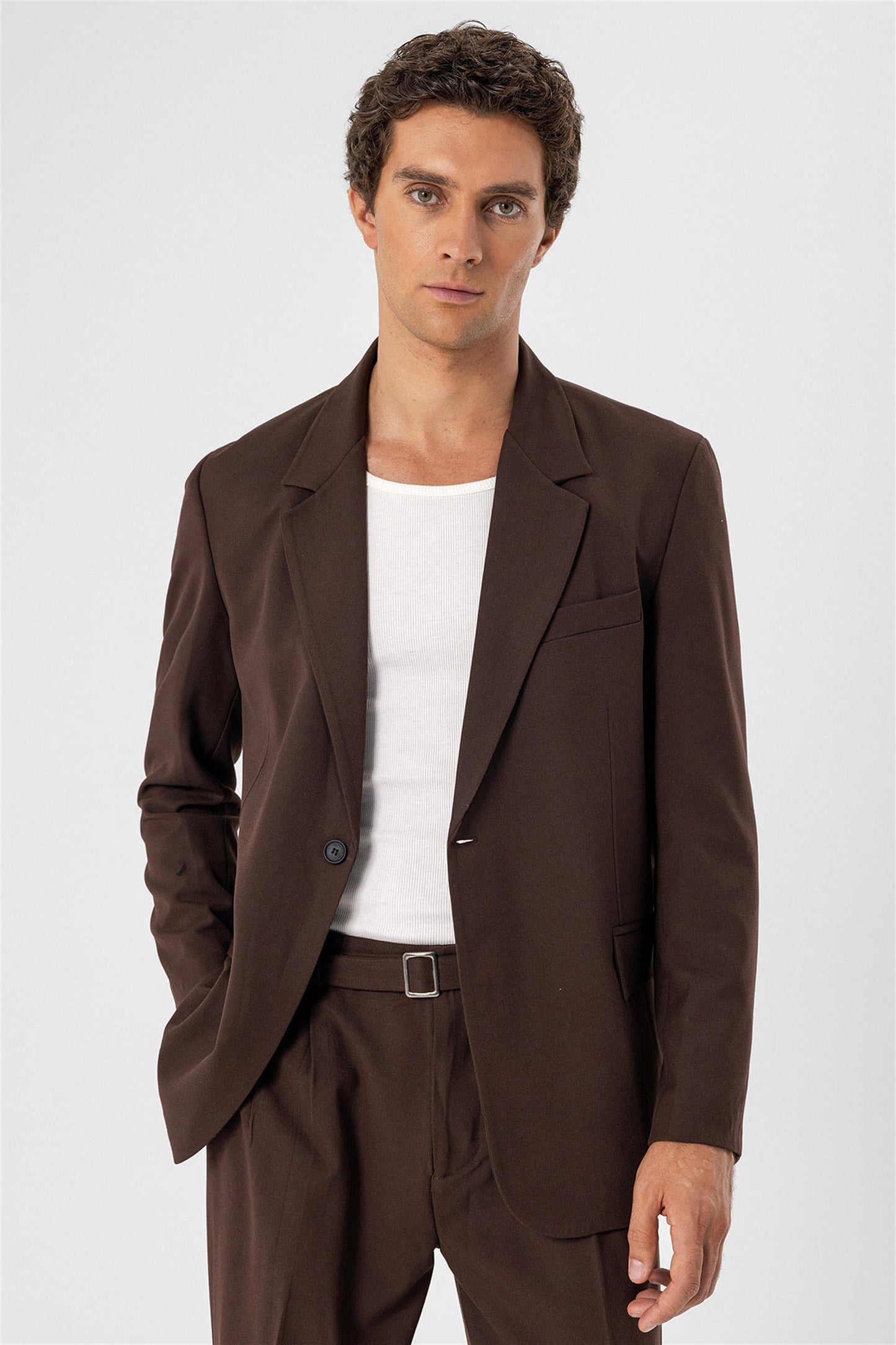Men's Brown Single Button Closure Slim Fit Jacket