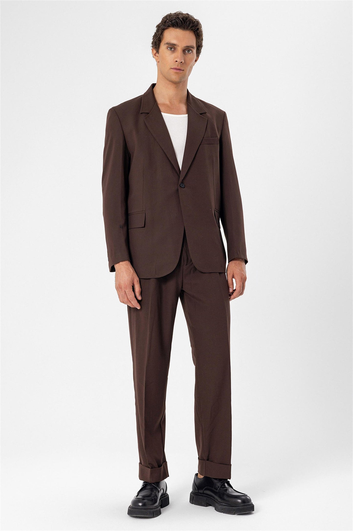 Men's Brown Single Button Closure Slim Fit Jacket