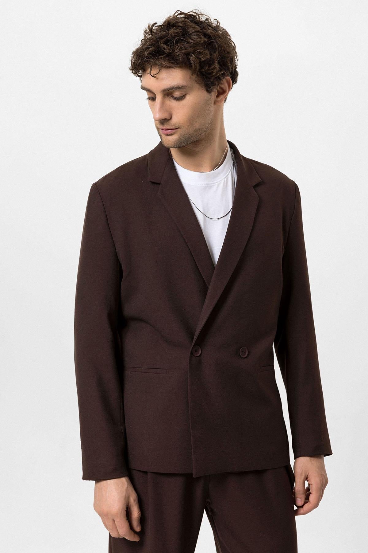 Men's Brown Single-Button Double-Breasted Blazer