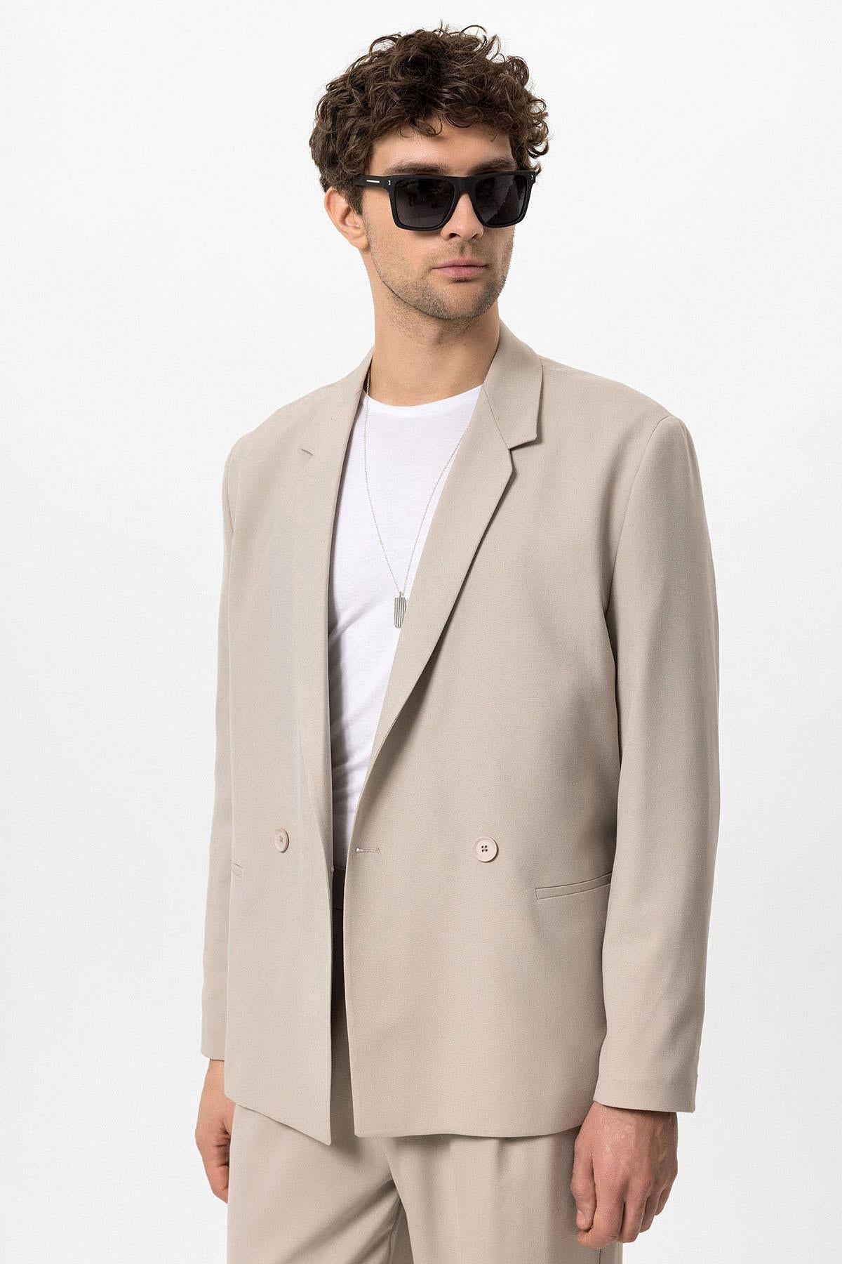 Men's Stone Single-Button Double-Breasted Blazer