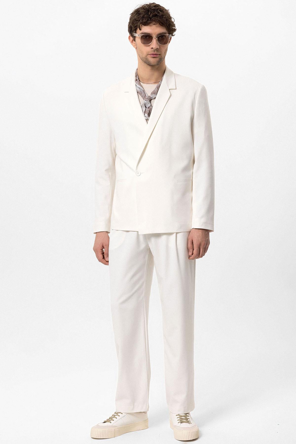 Men's Ecru Single-Button Double-Breasted Blazer