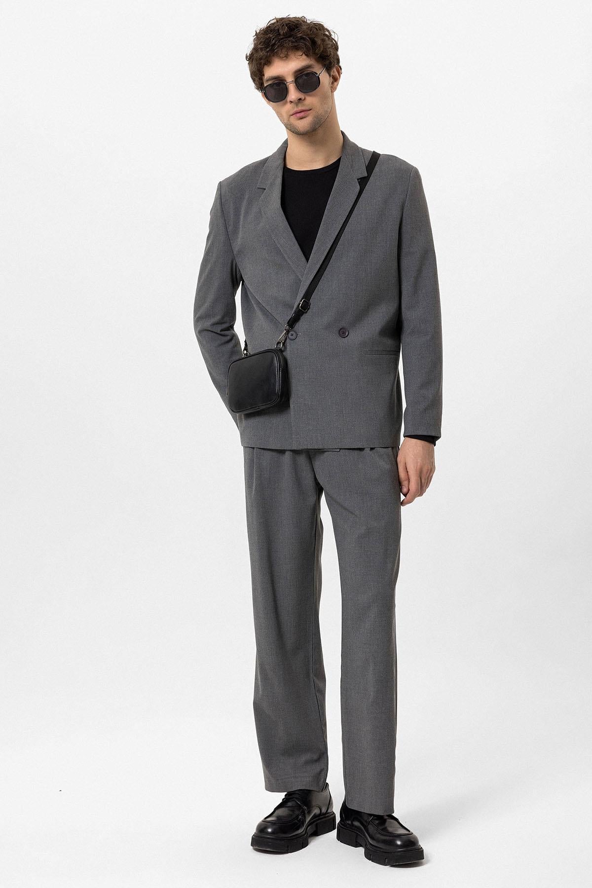 Men's Grey Single-Button Double-Breasted Blazer