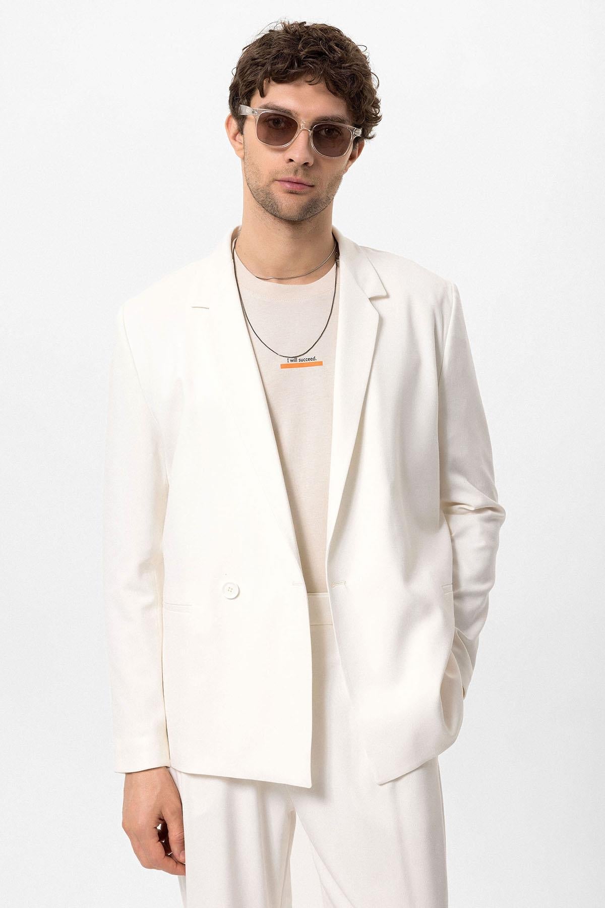 Men's Ecru Single-Button Double-Breasted Blazer