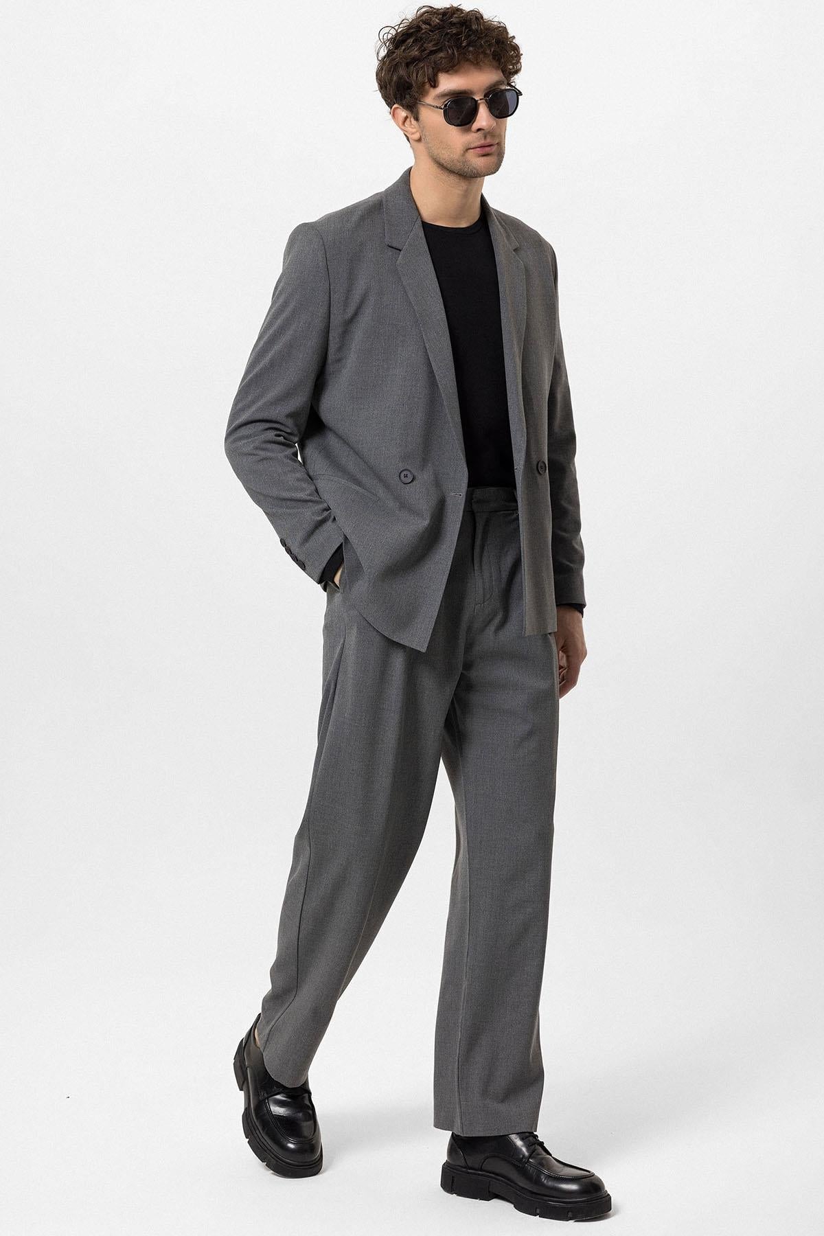Men's Grey Single-Button Double-Breasted Blazer