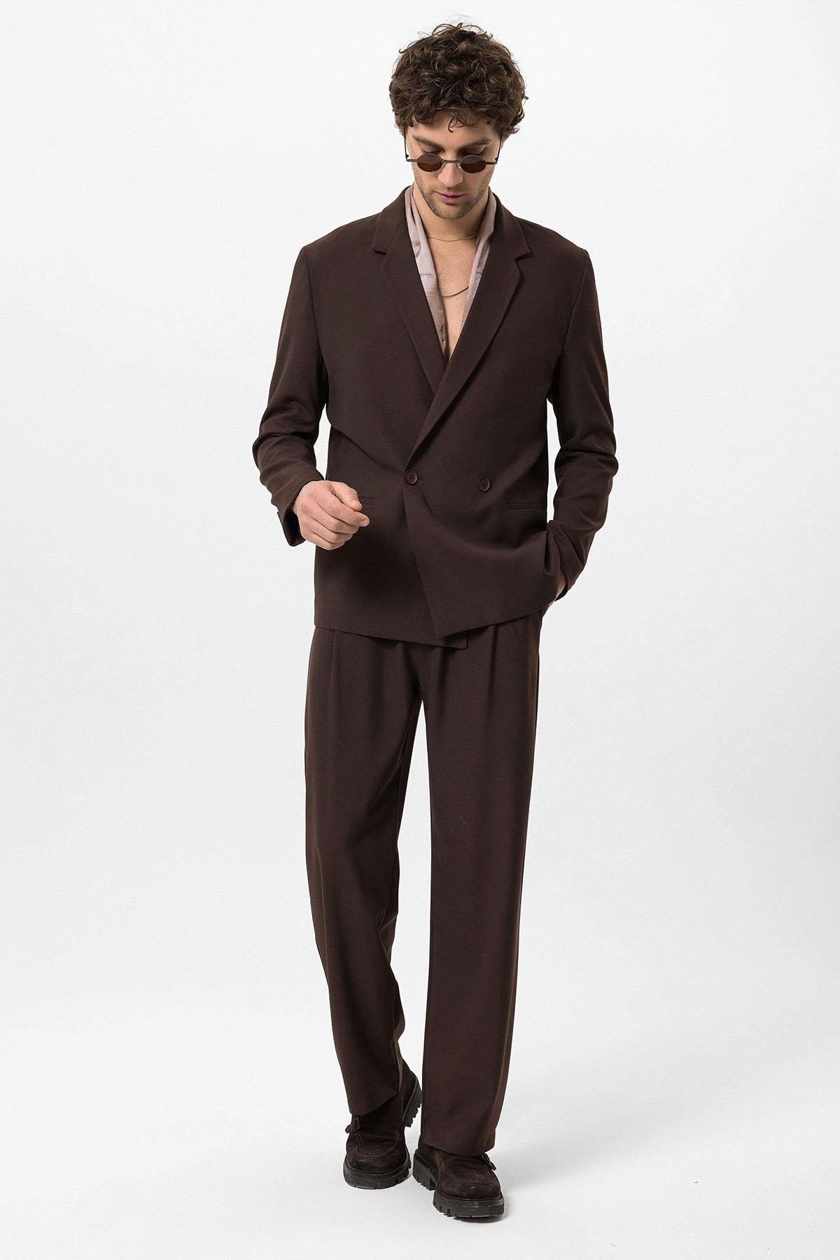 Men's Brown Single-Button Double-Breasted Blazer